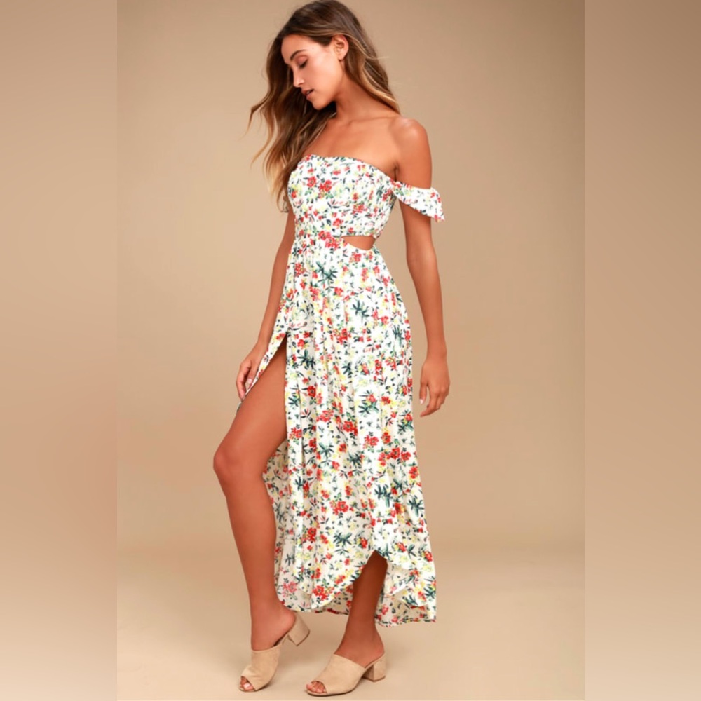 LuLu’s Easy on the Eyes Cream Floral Off Shoulder Maxi Dress